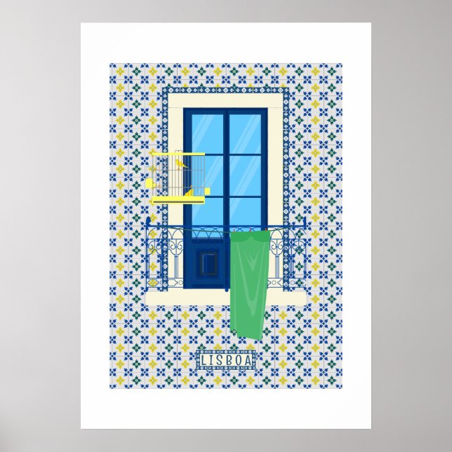 Portugisiska plattor och fönsterbalkonger med fåge poster (Framsidan)