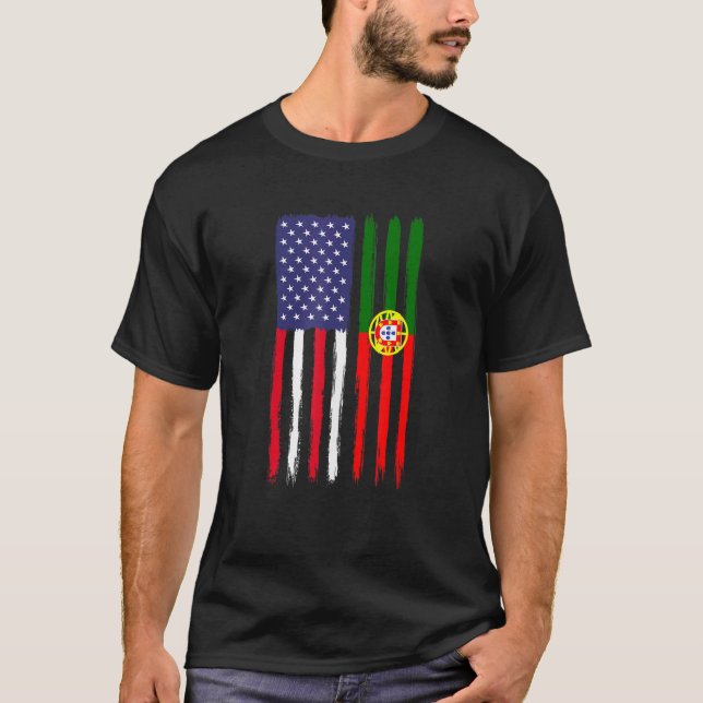 Portugisiska rötter Halvamerikansk Flagga Patrioti T Shirt (Framsida)