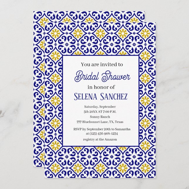 Portugisiska rutor Blommigt Möhippa för vattenfärg Inbjudningar (Fram/baksida)