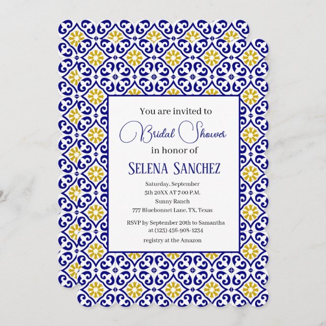 Portugisiska rutor Blommigt Möhippa för vattenfärg Inbjudningar (Fram/baksida)