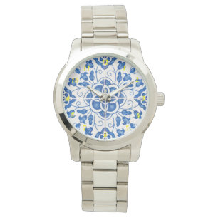 Portugisiska Tiles Azulejos Blommigt Elegant Blue Armbandsur