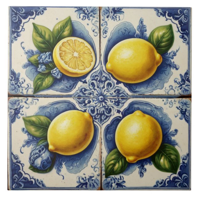 Portugisiska Tiles Azulejos Lemons Vintage Blue Kakelplatta (Framsidan)