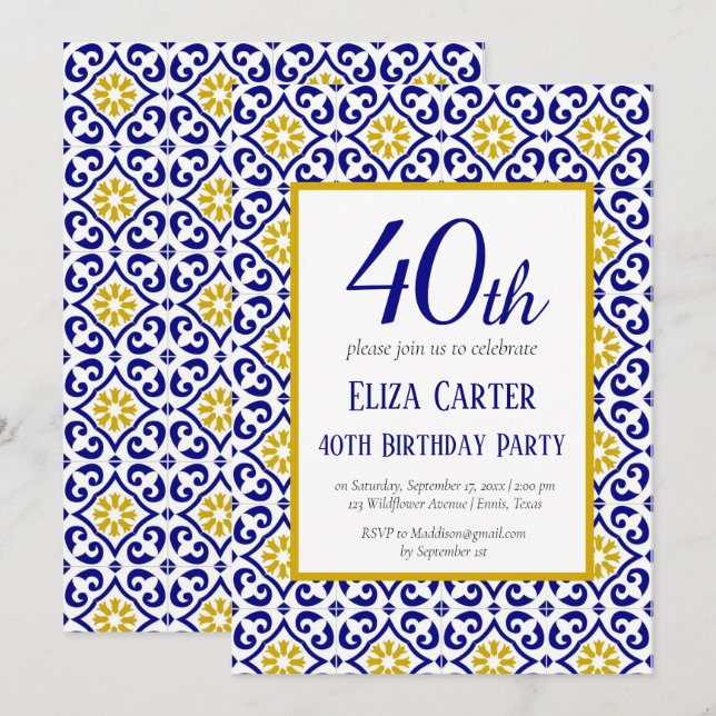 Portugisiska Tiles Blue 40 Birthday Mediterranean Inbjudningar (Fram/baksida)