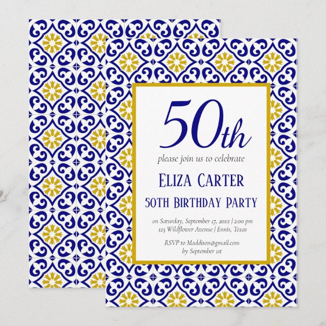 Portugisiska Tiles Blue 50 Birthday Mediterranean Inbjudningar (Fram/baksida)