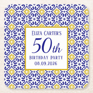 Portugisiska Tiles Blue 50 Birthday Mediterranean Underlägg Papper Kvadrat