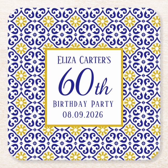 Portugisiska Tiles Blue 60 Birthday Mediterranean Underlägg Papper Kvadrat (Framsidan)