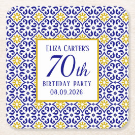 Portugisiska Tiles Blue 70 Birthday Mediterranean Underlägg Papper Kvadrat
