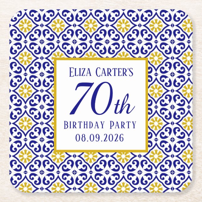 Portugisiska Tiles Blue 70 Birthday Mediterranean Underlägg Papper Kvadrat (Framsidan)
