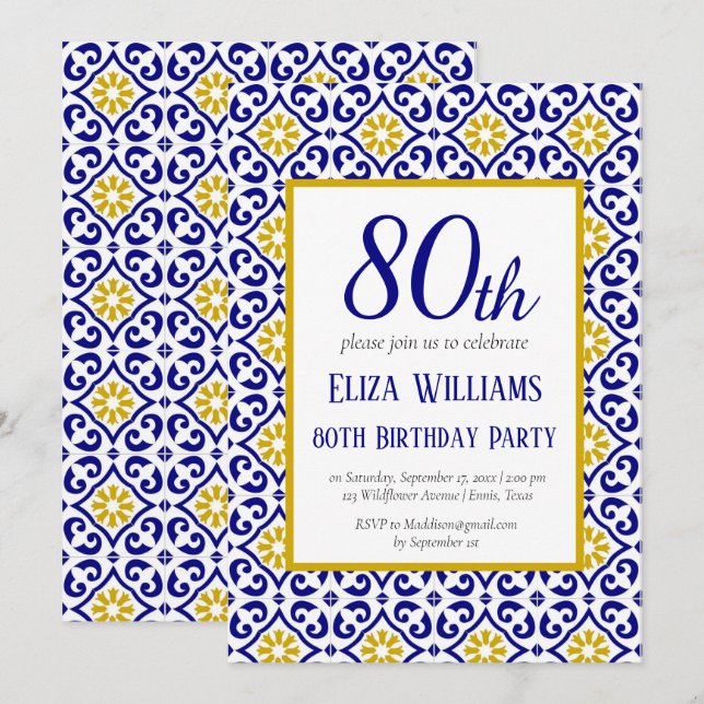 Portugisiska Tiles Blue 80 Birthday Mediterranean Inbjudningar (Fram/baksida)