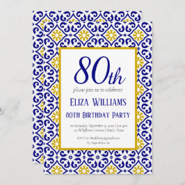 Portugisiska Tiles Blue 80 Birthday Mediterranean Inbjudningar