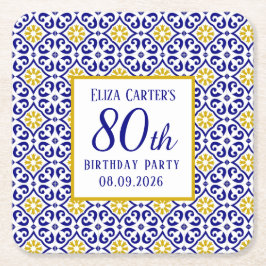 Portugisiska Tiles Blue 80 Birthday Mediterranean Underlägg Papper Kvadrat