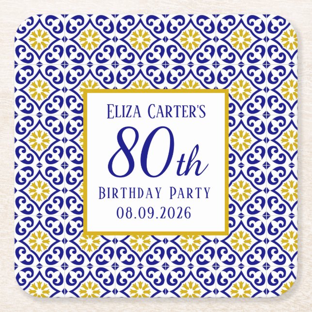 Portugisiska Tiles Blue 80 Birthday Mediterranean Underlägg Papper Kvadrat (Framsidan)