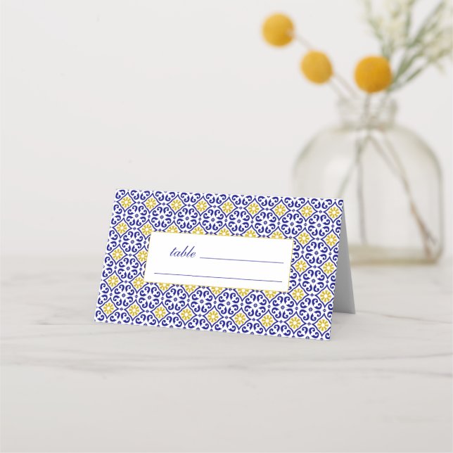 Portugisiska Tiles Blue Blommigt Bröllop Placeringskort (Framsida)