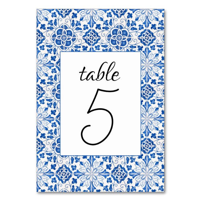 Portugisiska Tiles Blue Mediterranean Bröllop Bordsnummer (Framsidan)