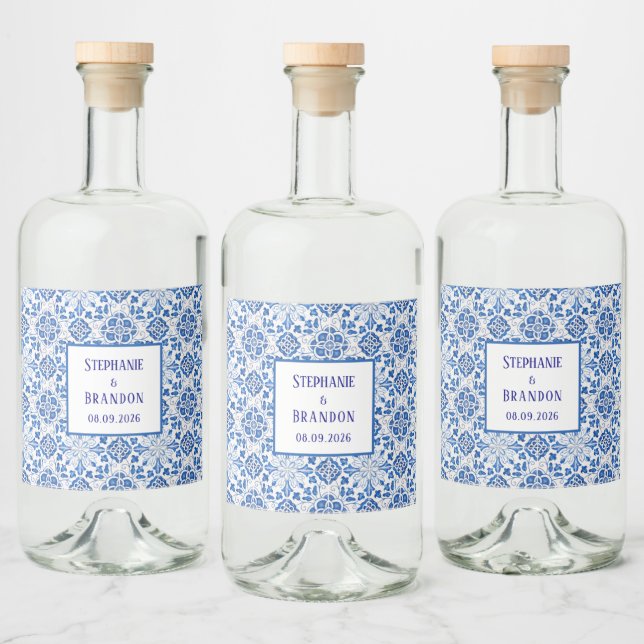 Portugisiska Tiles Blue Mediterranean Bröllop Spritflaskor Etikett (Flaskor)