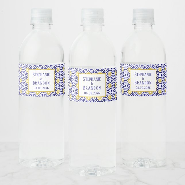 Portugisiska Tiles Blue Mediterranean Bröllop Vattenflaska Etikett (Flaskor)