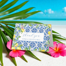 Portugisiska Tiles Lemons Blommigt Bröllop Tack Kort