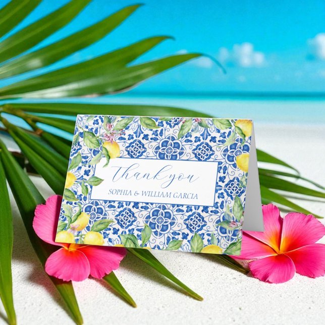 Portugisiska Tiles Lemons Blommigt Bröllop Tack Kort (Skapare uppladdad)