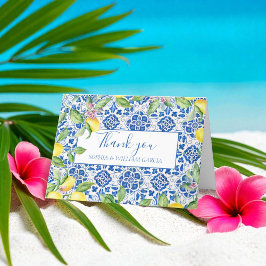 Portugisiska Tiles Lemons Blommigt Bröllop Tack Kort