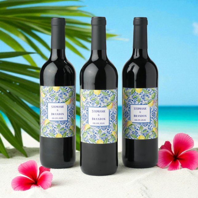 Portugisiska Tiles Lemons Mediterranean Bröllop Vinflaska Etikett (Skapare uppladdad)