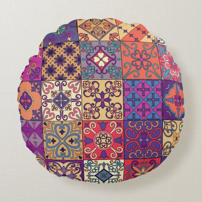 Portugisiska Tiles Talavera Stil Mönster Rund Kudde (Framsidan)