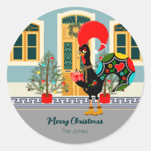 Portugisiska Tupp med Julklapp Runt Klistermärke