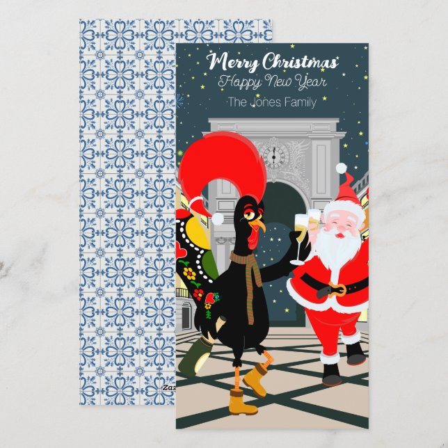 Portugisiska Tupp och jultomten till nyåret Julkort (Fram/baksida)