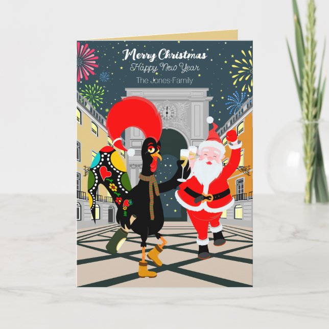 Portugisiska Tupp och jultomten till nyåret Kort (Framsida)