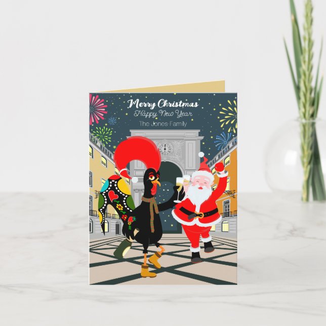 Portugisiska Tupp och jultomten till nyåret Kort (Framsida)