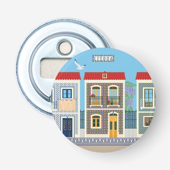 Portugisiska vackra hus med plattor eller azulejos flasköppnare (Framsidan)