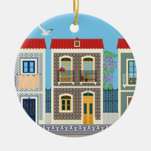 Portugisiska vackra hus med plattor eller azulejos julgransprydnad keramik