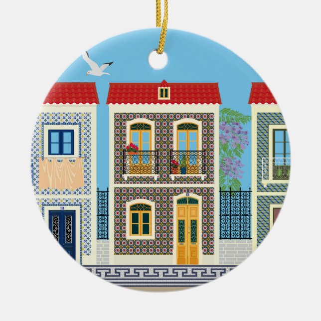 Portugisiska vackra hus med plattor eller azulejos julgransprydnad keramik (Framsidan)