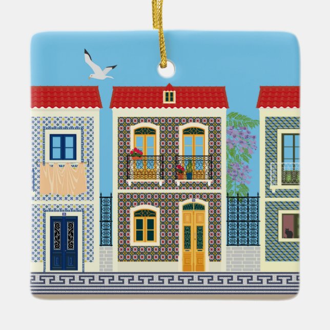 Portugisiska vackra hus med plattor eller azulejos julgransprydnad keramik (Framsida)