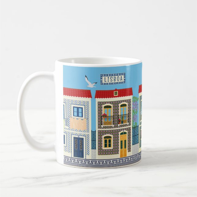 Portugisiska vackra hus med plattor eller azulejos kaffemugg (Vänster)
