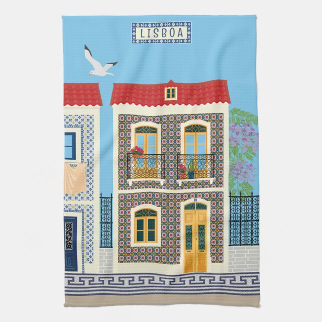 Portugisiska vackra hus med plattor eller azulejos kökshandduk (Vertikal)