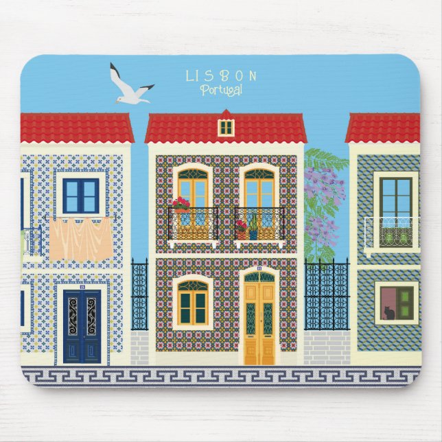Portugisiska vackra hus med plattor eller azulejos musmatta (Framsidan)