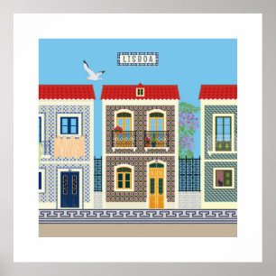 Portugisiska vackra hus med plattor eller azulejos poster