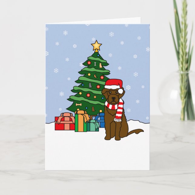 Portugisiska Vatten Hund och Julgran Helgkort (Framsida)