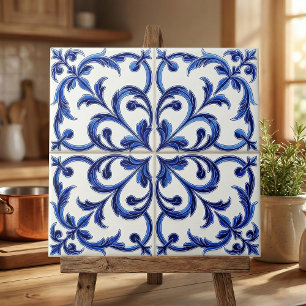 Portugisiskt Azulejo Blått och Vitt Blommönster Kakelplatta