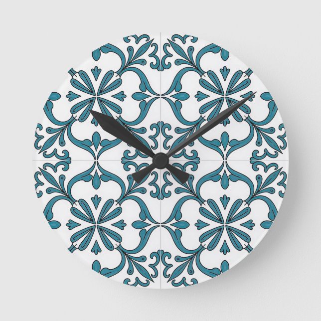 Portugisiskt Azulejo-väggur – Blått blomstermönste Rund Klocka (Framsida)