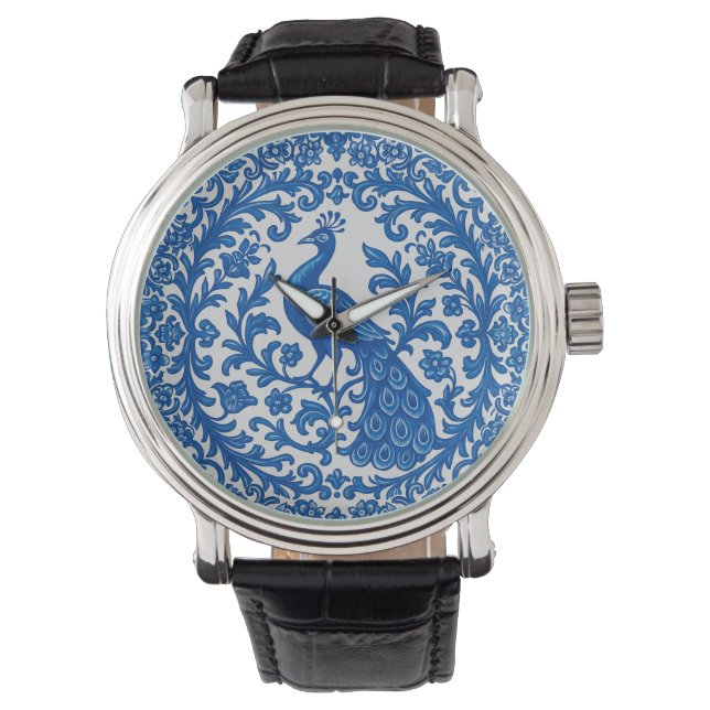 Portuguese Azulejo Peacock Watch – Blue & White Ti Armbandsur (Framsida)