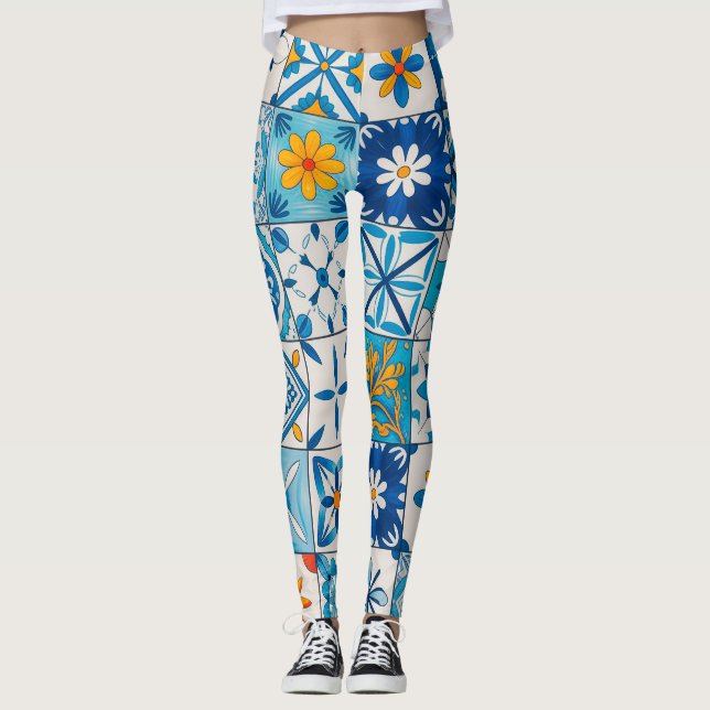 Portuguese Azulejo Tile Leggings – Blue & Yellow M (Framsida)