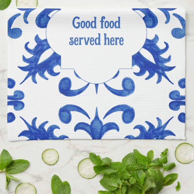 Portuguese Blue Tile central round medallion Kökshandduk (Vikta)
