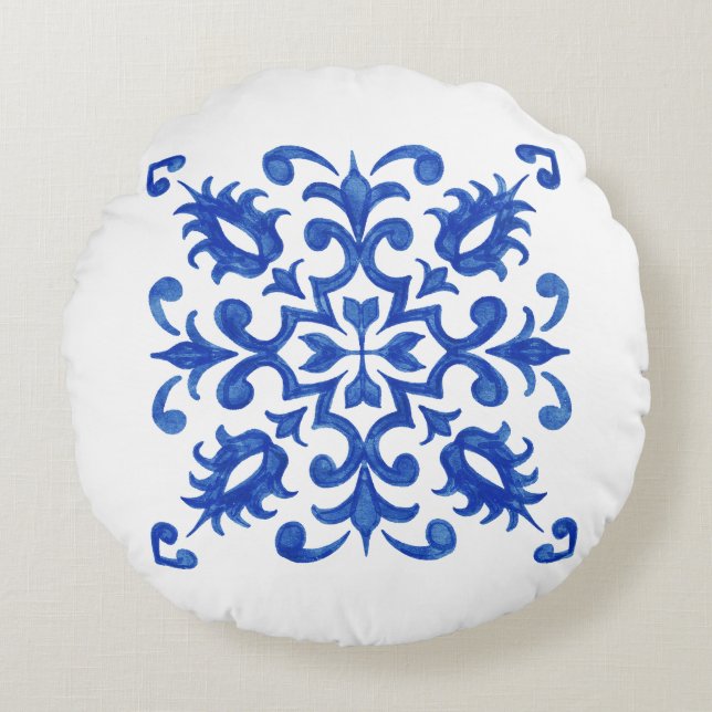 Portuguese Blue Tile central round medallion Rund Kudde (Framsidan)