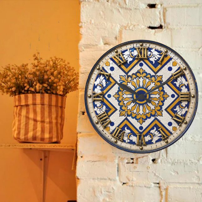 Portuguese Blue Yellow Mediterranean Floral  Stor Klocka (Skapare uppladdad)