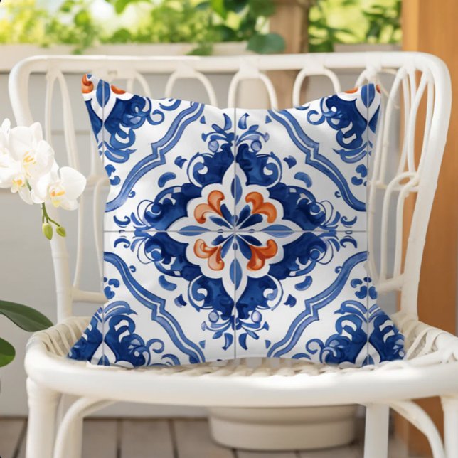 Portuguese Tile Pattern Blue White Orange Kudde (Skapare uppladdad)