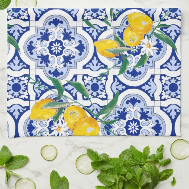 Portuguese tiles,lemons,fruits,summer art  kökshandduk (Vikta)