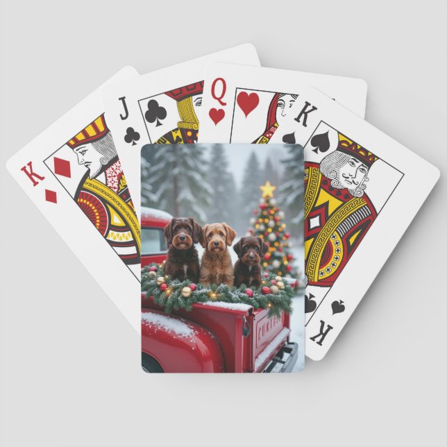 Portuguese Water Dog Christmas Red Truck Holiday Casinokort (Baksidan)