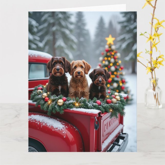 Portuguese Water Dog Christmas Red Truck Holiday Kort (Gul blomma)