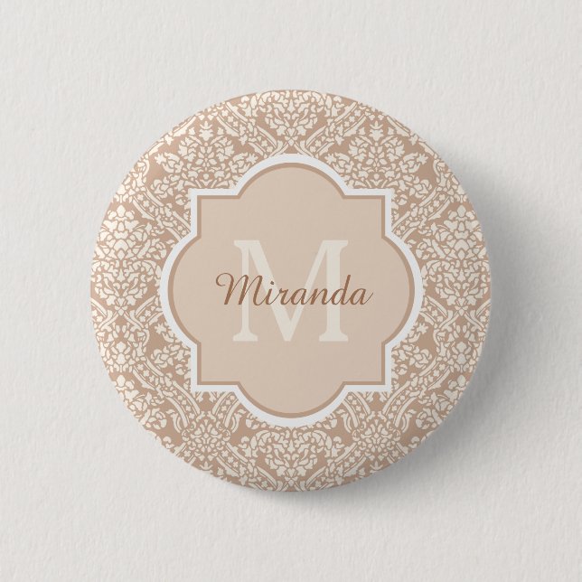 Posan Tan Damask Pattern Monogram med Namn Knapp (Framsida)
